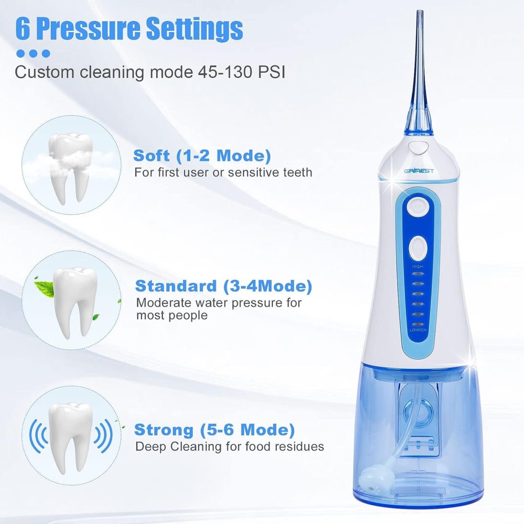 Water Dental Flosser for Teeth Cleaning,Grinest 7 Levels Cordless Powerful Battery Water Teeth Cleaner Pick Care Portable Rechargeable Dental Oral Irrigator IPX7 Waterproof for Home Travel (White)