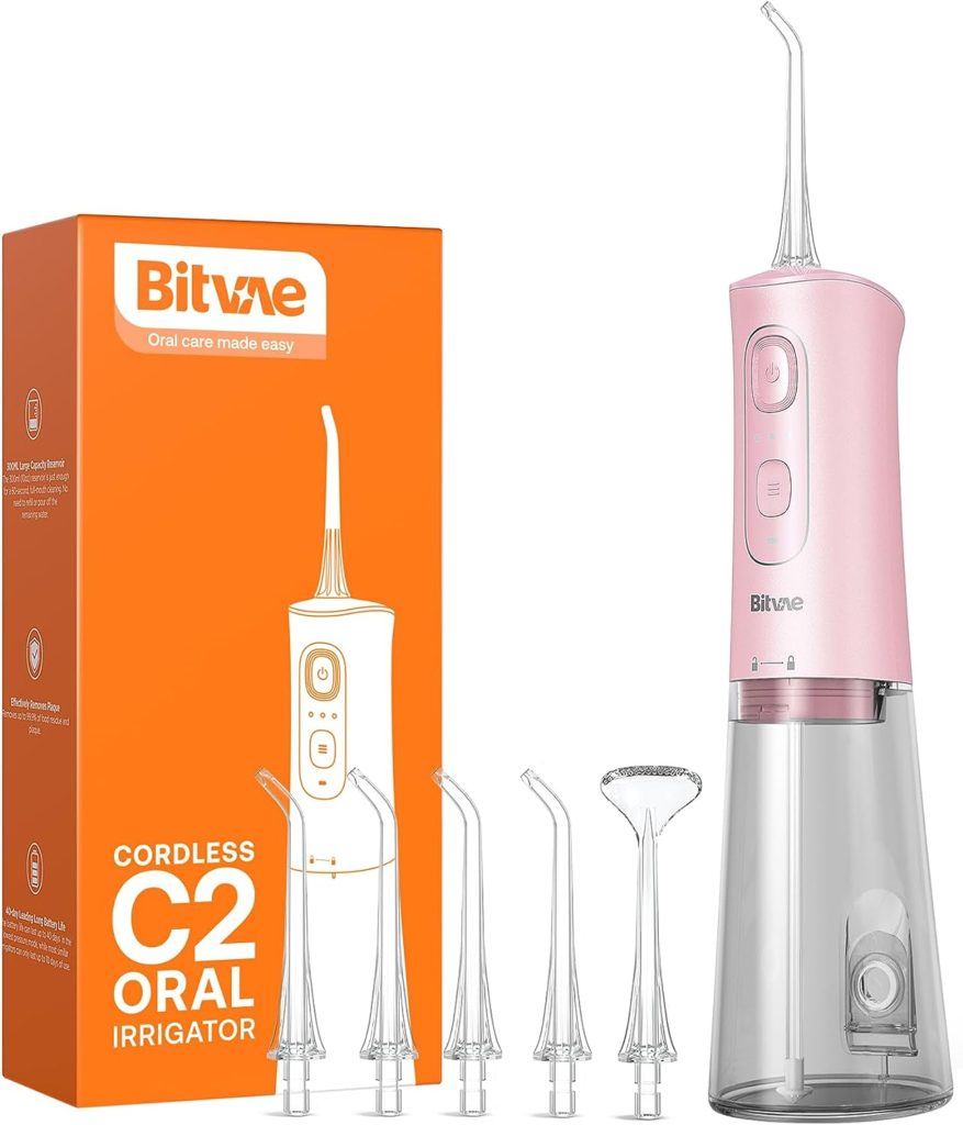 Bitvae Water Flosser Cordless, Portable Water Teeth Cleaner Picks, Powerful and Rechargeable Water Dental Picks for Cleaning, 3 Modes 6 Tips, IPX7 Waterproof Water Dental Flosser, Quartz Pink